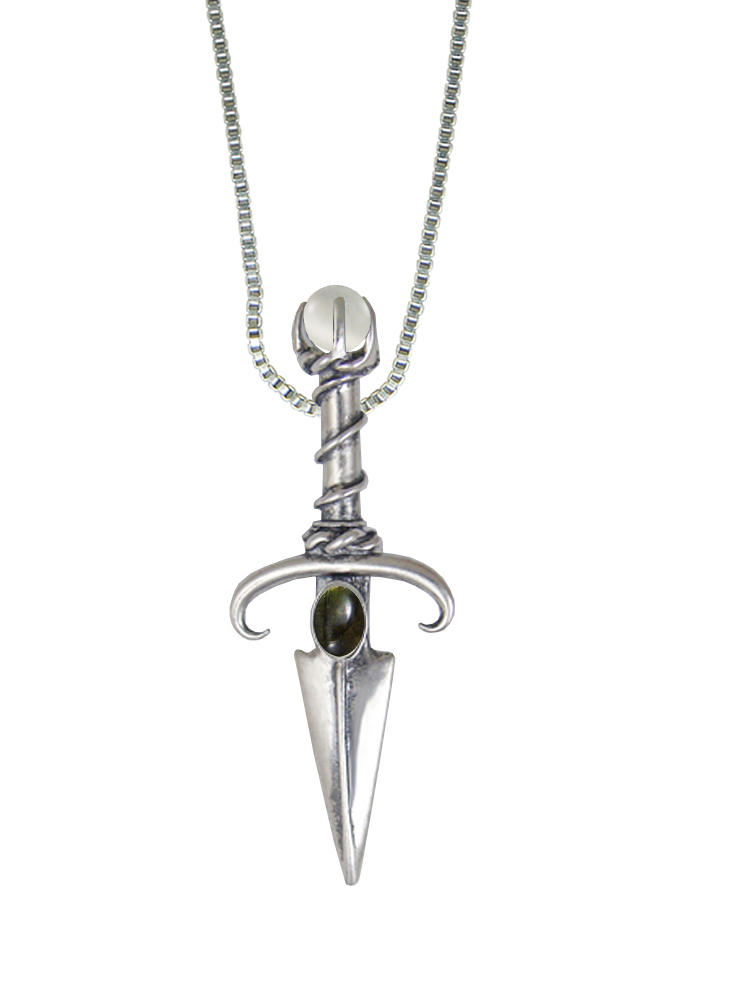 Sterling Silver Black Prince's Knife Dagger Pendant With Spectrolite And a Clear Glass Bead